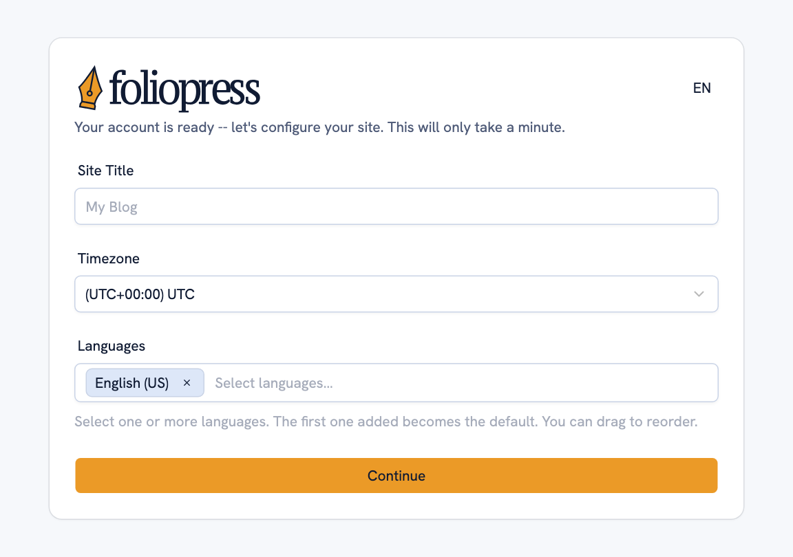 The FolioPress setup screen: site title, a list of languages with the primary one first, and a time zone.