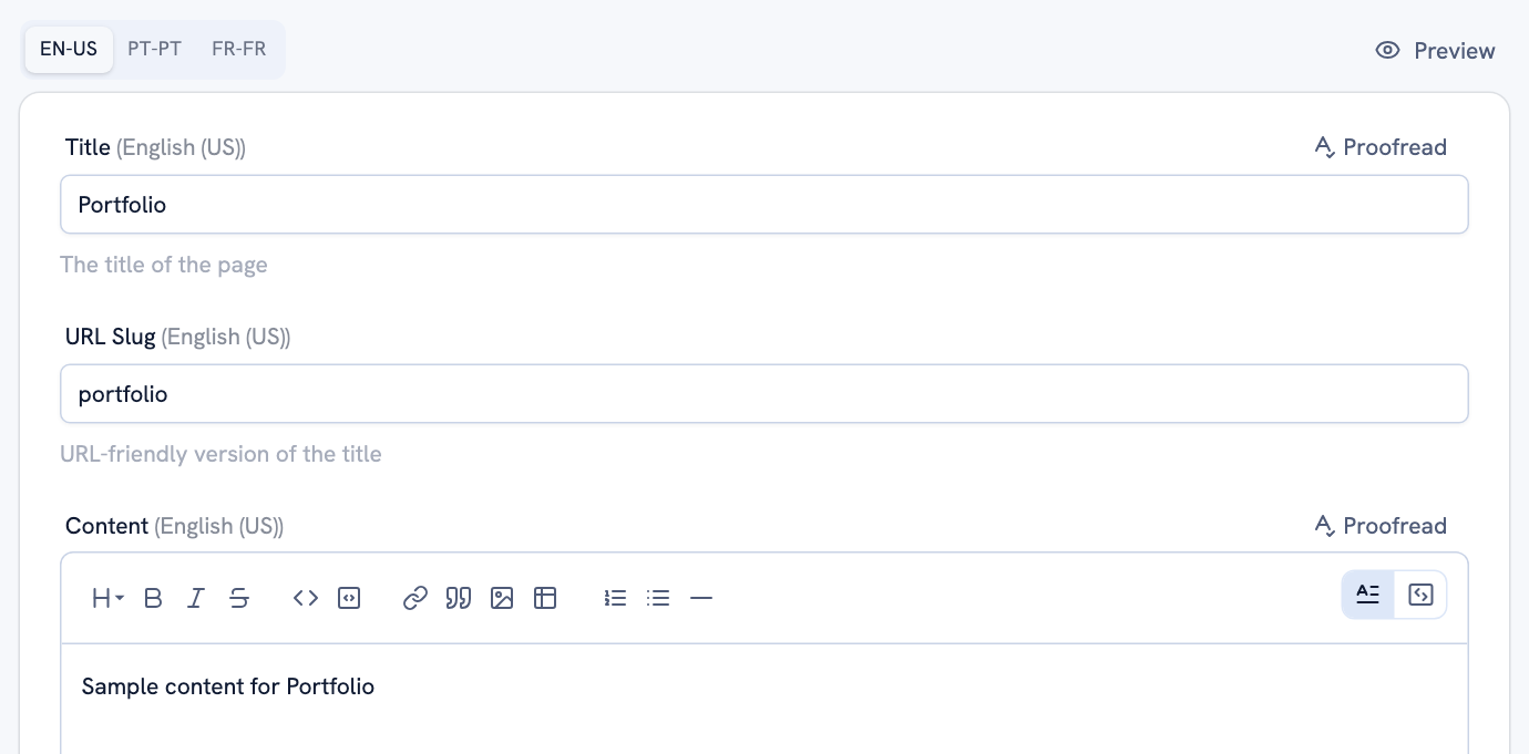 The page editor with language tabs above the title and content fields, and the rich-text toolbar.