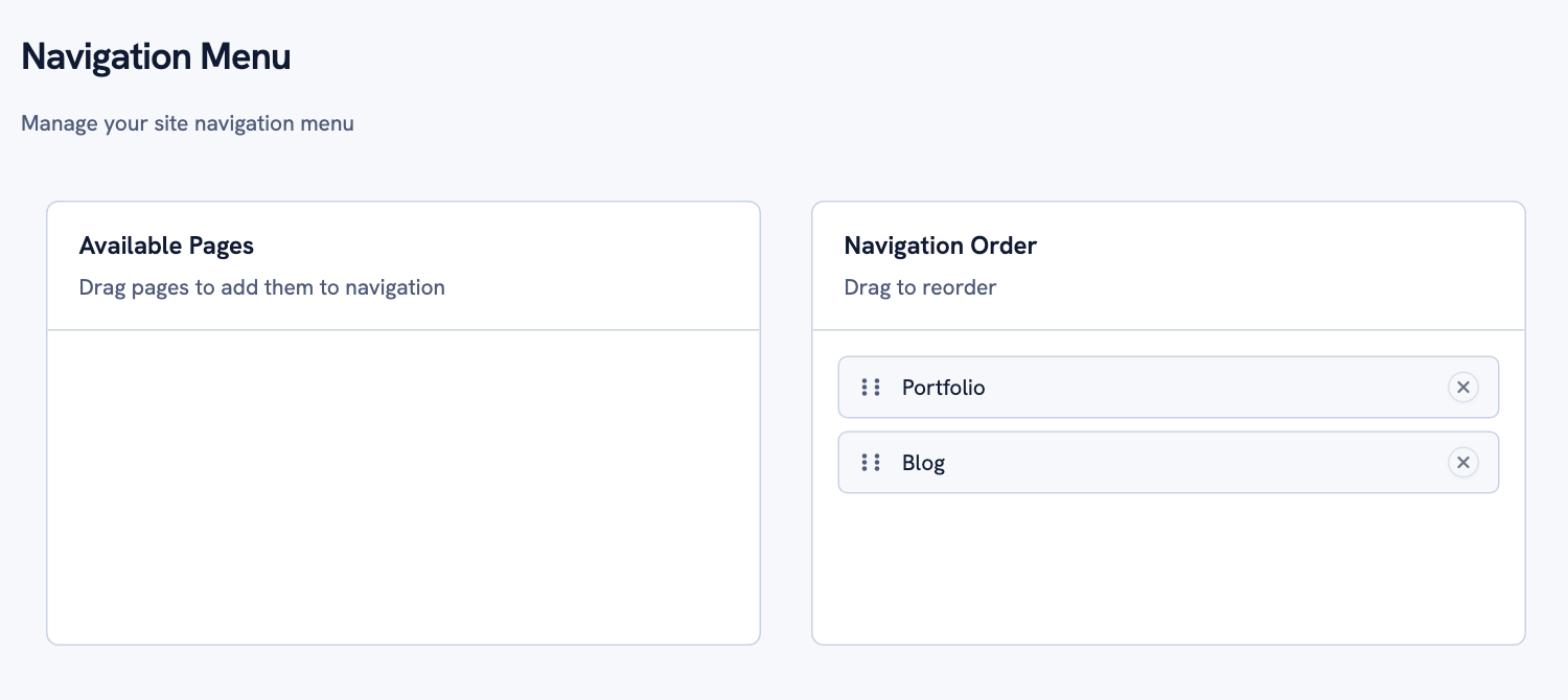 The navigation editor: available pages on the left, the current menu order on the right.