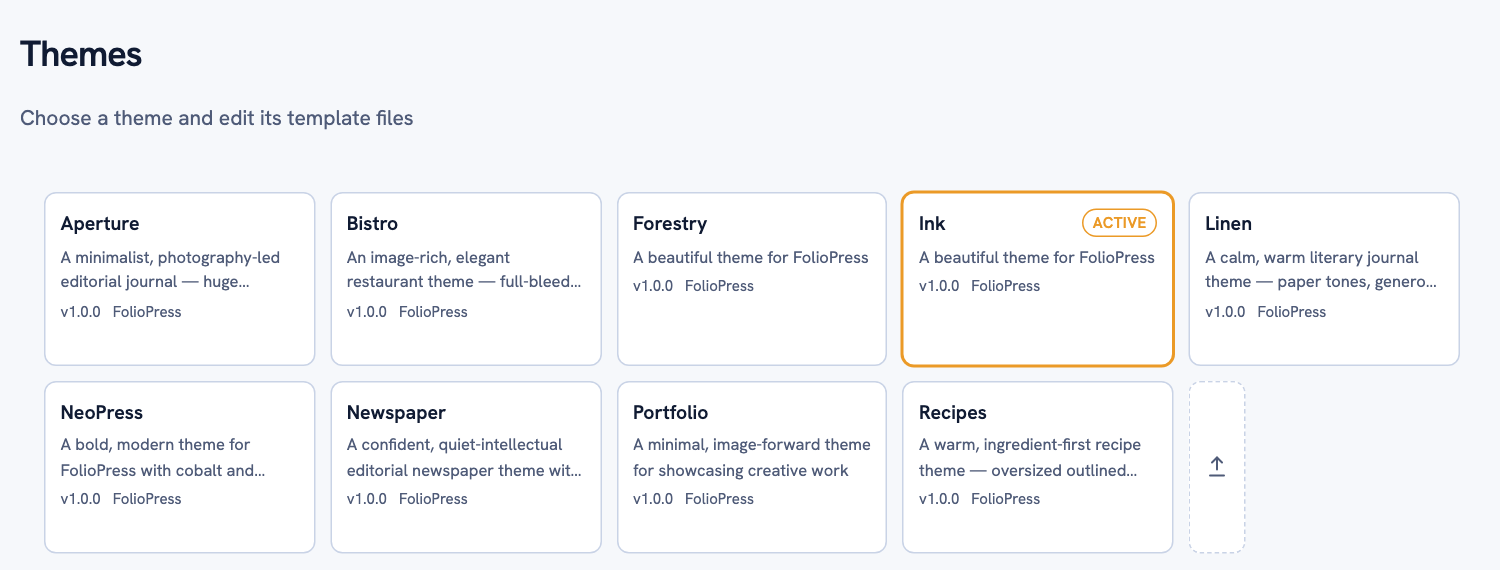 The Themes page with several theme cards; the active one is highlighted.
