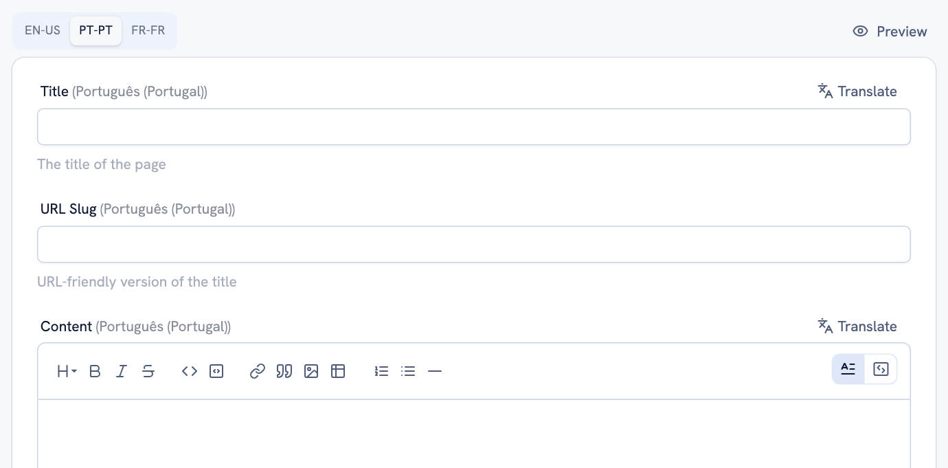 A second-language tab in the editor, with the Translate action next to the field and the primary-language text visible for reference.