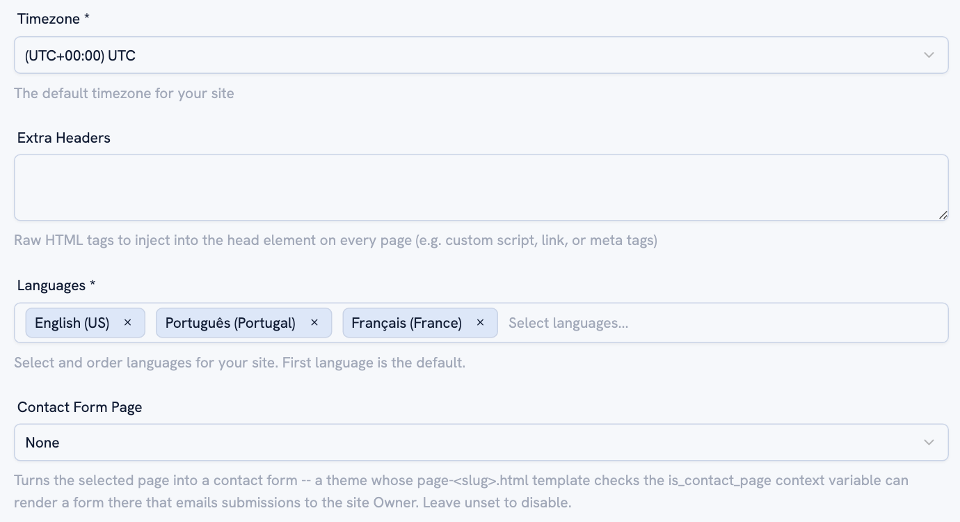 Site Settings: the time zone, the languages field with three languages, and the contact form page selector.